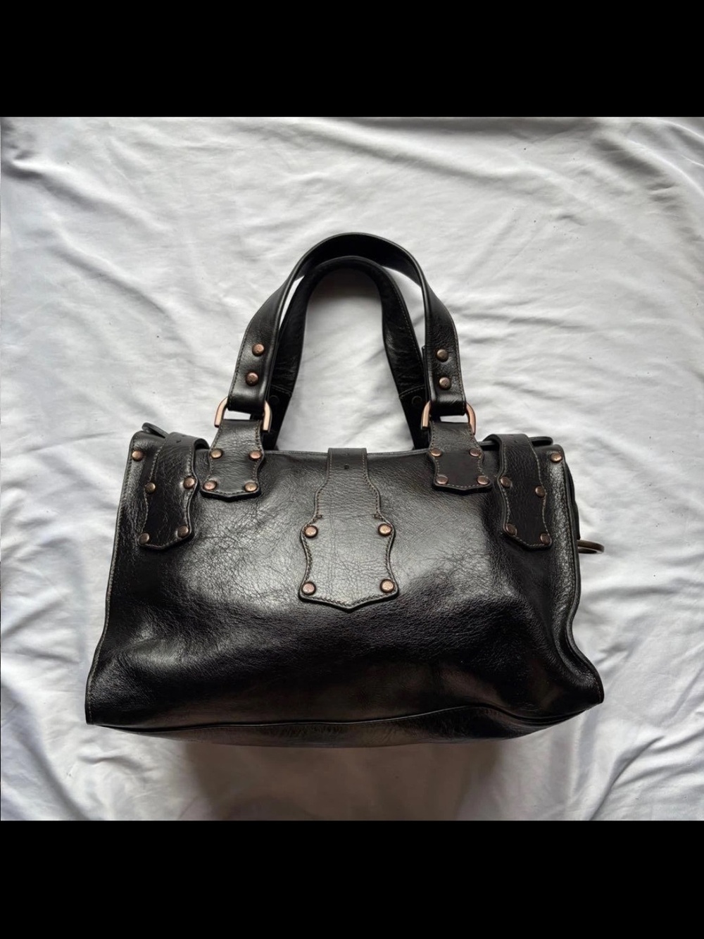 Mulberry Black Leather Buckle-Front Satchel with Copper Hardware - Picture 5 of 11